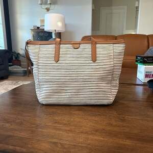 Fossil Rachel Coated Canvas Tote Bag in Black and Ivory Stripes
